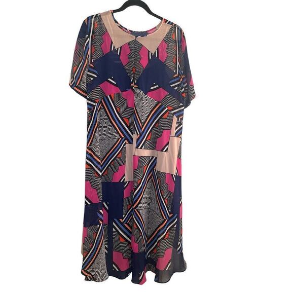 Donna Morgan Women's Short Sleeve Hi-Low Hem Chiffon Trapeze Dress Size 14 Multi - Picture 7 of 9